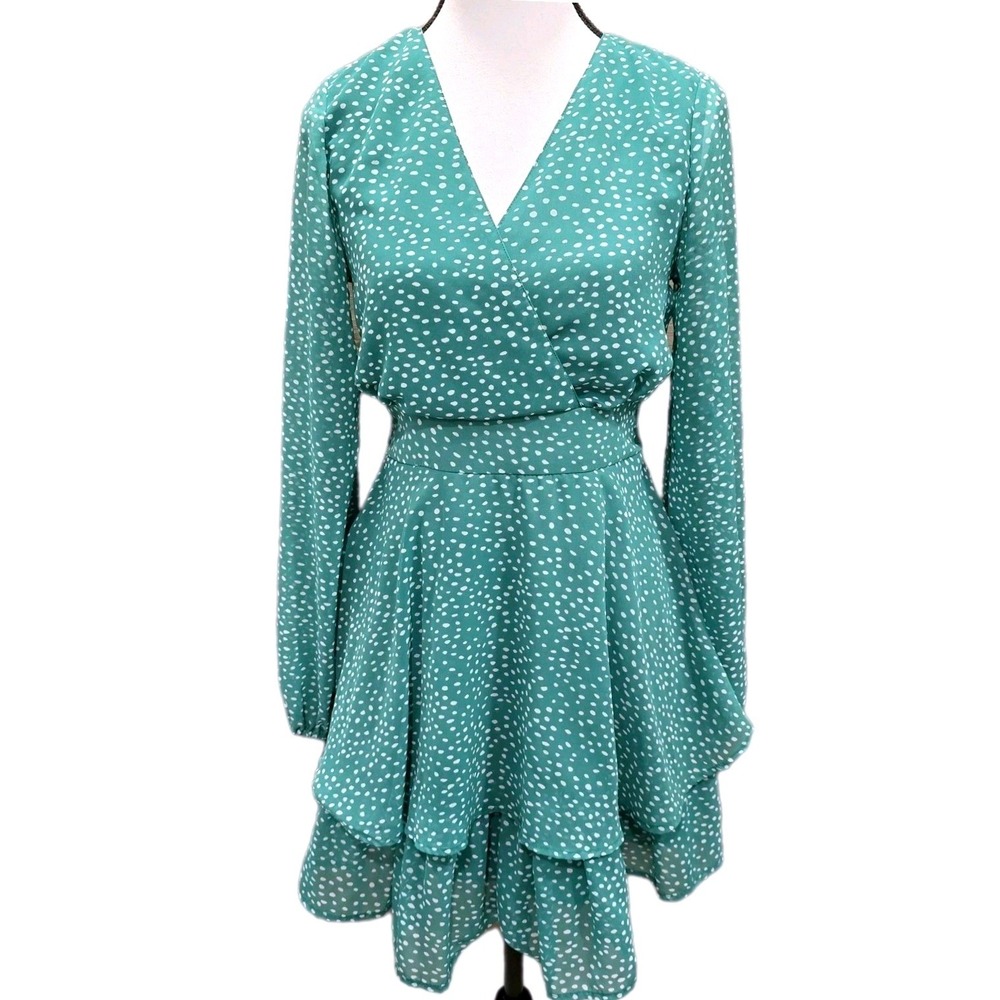 Japna Dress Womens M Medium Green Polka Dot Long Sleeve Tiered Ruffle Smocked